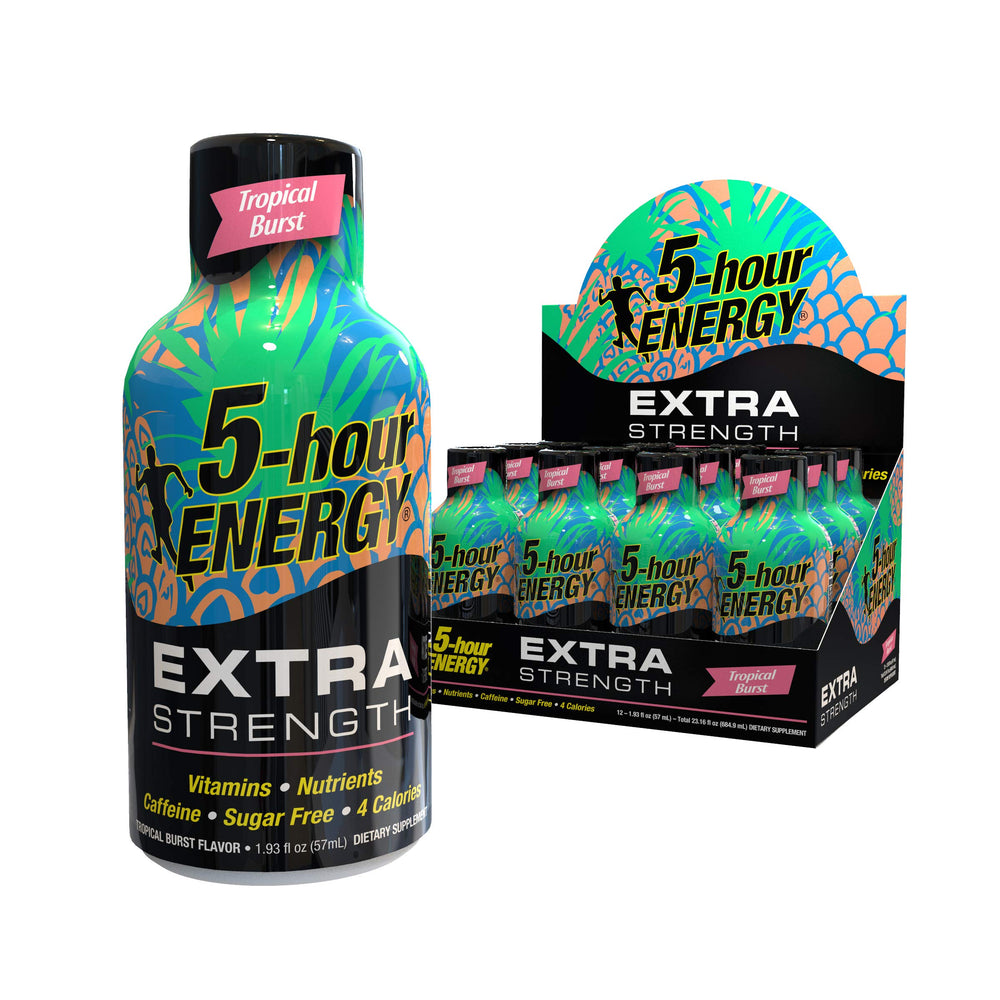 Five-hour Energy Extra Strength Tropical Burst front view bottle for quick daytime energy