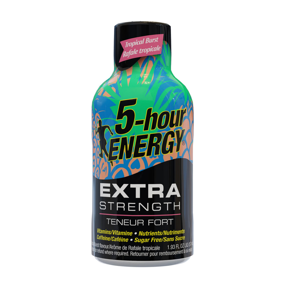 Five-hour Energy Tropical Burst bottle pouring into a cup for quick sip
