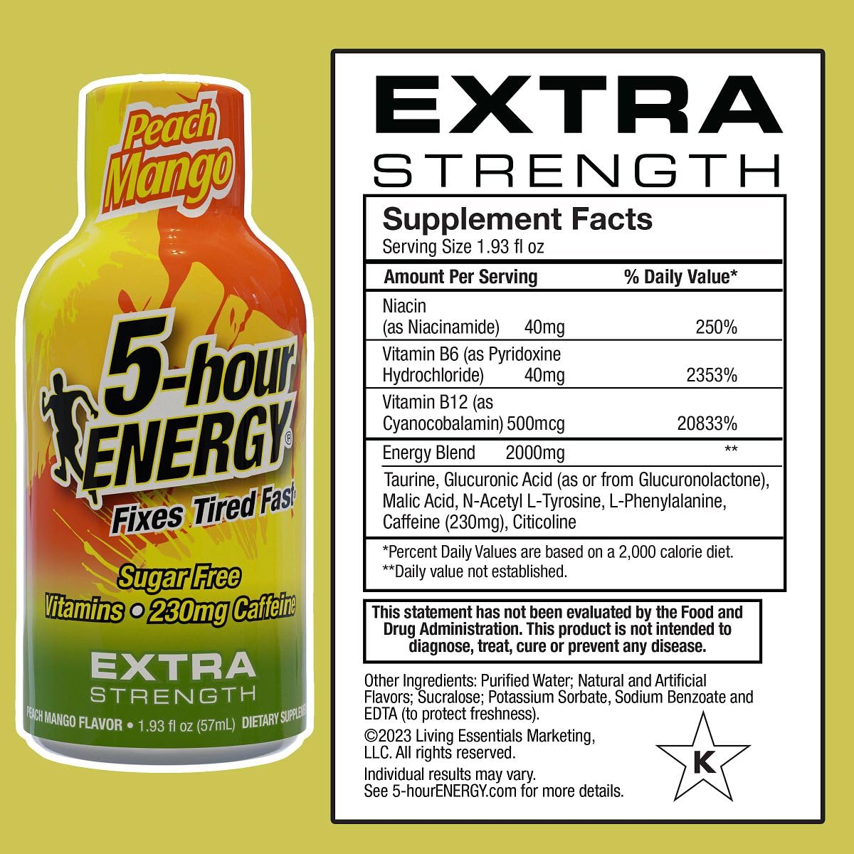 Five-hour Energy Peach Mango shot packaging close-up highlighting zero-calorie design.