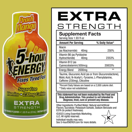 Five-hour Energy Peach Mango shot packaging close-up highlighting zero-calorie design.