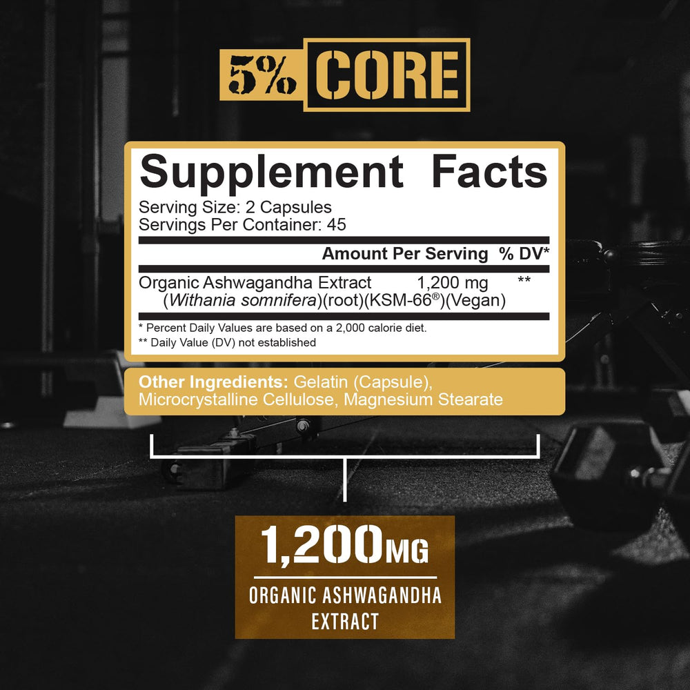 Five Percent Nutrition organic Ashwagandha root powder extract ready for daily use.