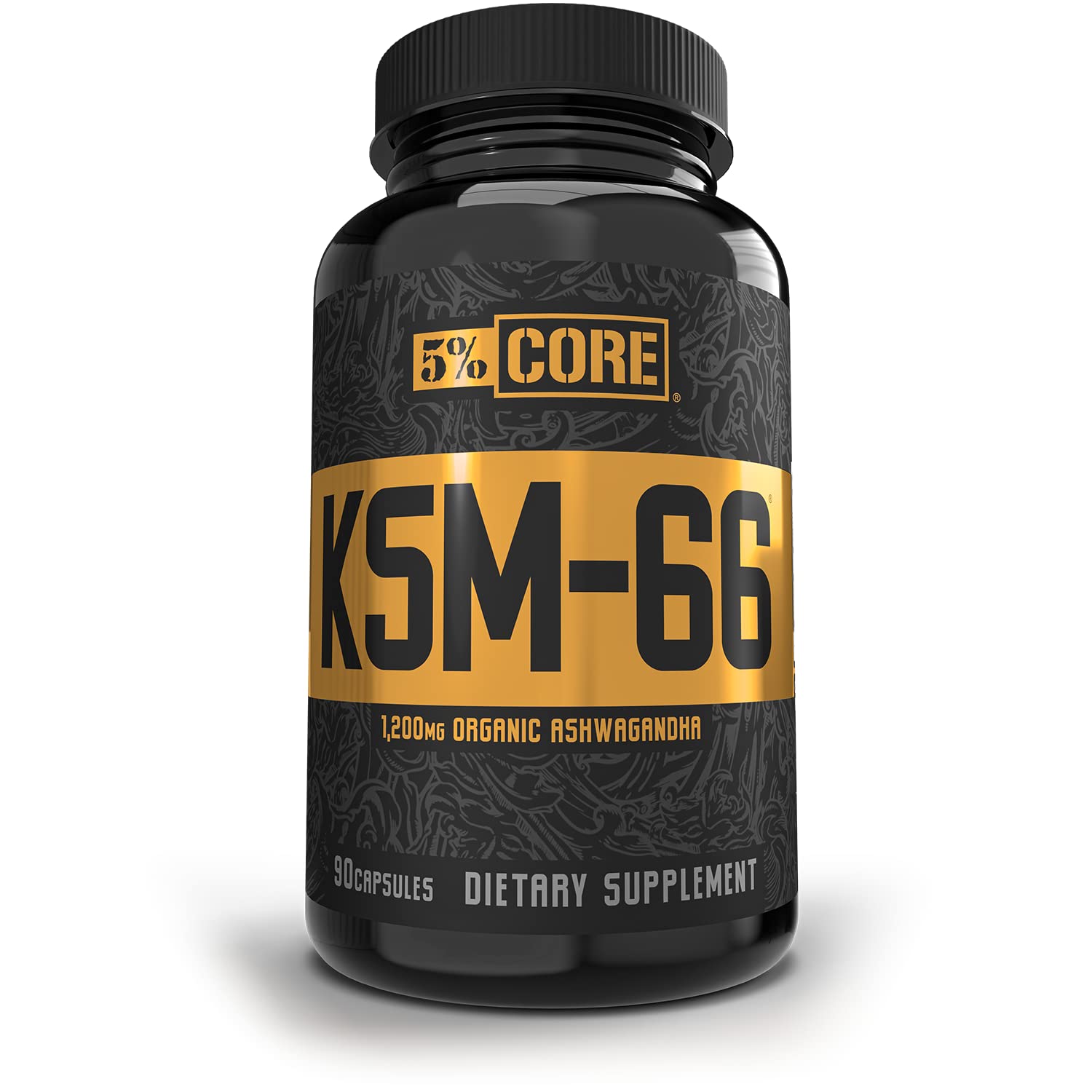Five Percent Nutrition Core KSM-66 Ashwagandha bottle on shelf highlighting high potency root extract.