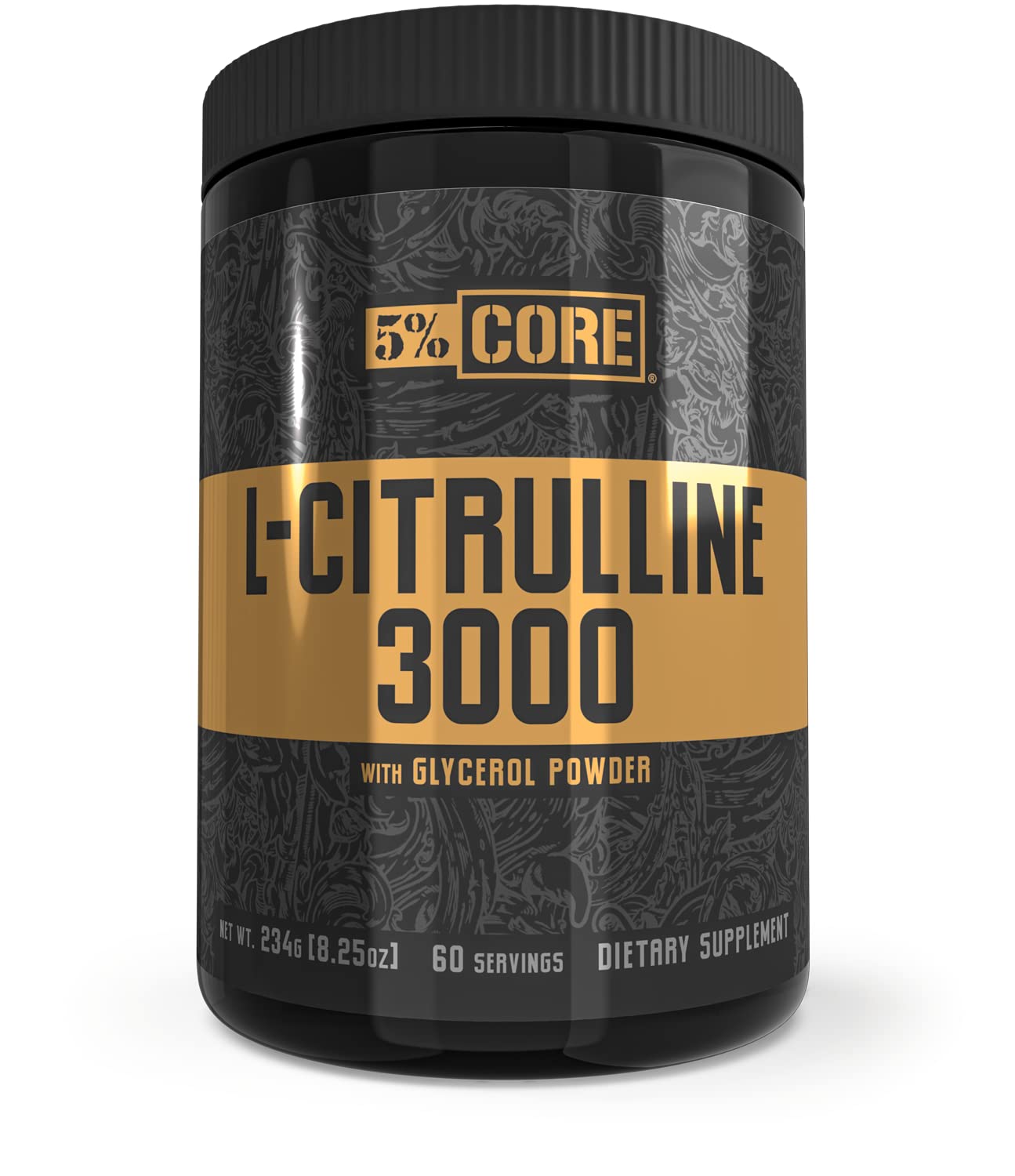 Five Percent Nutrition Core L-Citrulline 3000 bottle pour highlights hydration and NO2 potential.