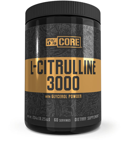 Five Percent Nutrition Core L-Citrulline 3000 bottle pour highlights hydration and NO2 potential.