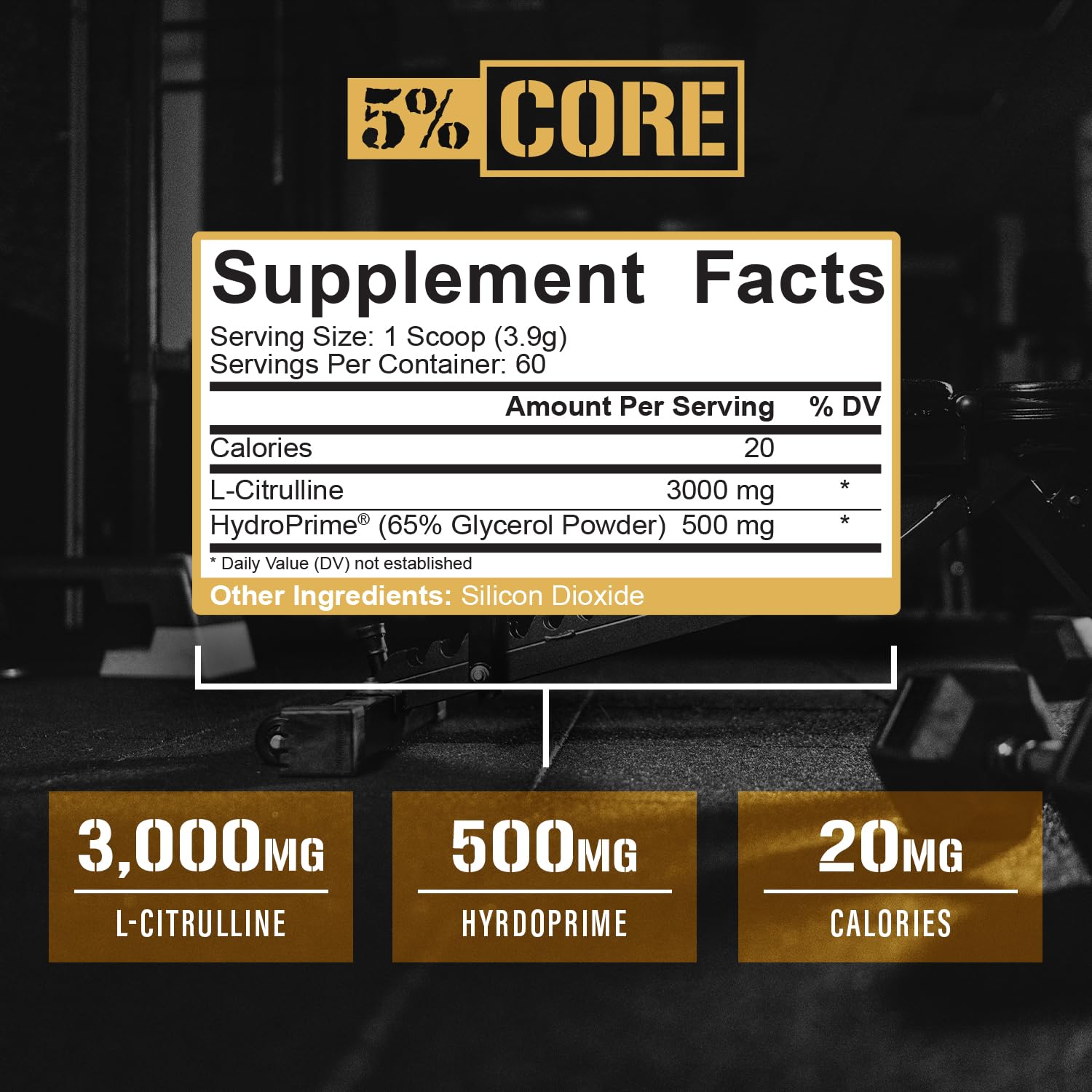 Five Percent Nutrition Core L-Citrulline 3000 label close-up shows pure L-Citrulline content.