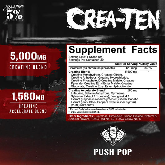 Five Percent Nutrition CreaTEN scoop-dispensing near label illustrates easy dosing