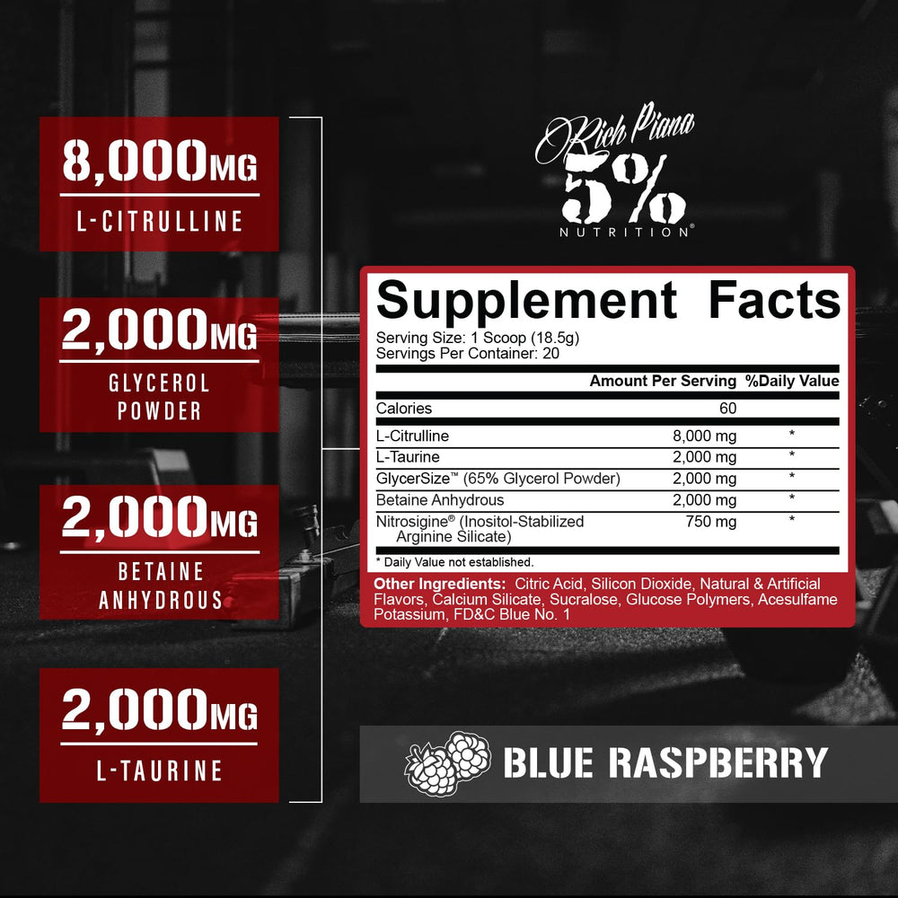 Scoop beside blue raspberry powder showing serving size for workouts