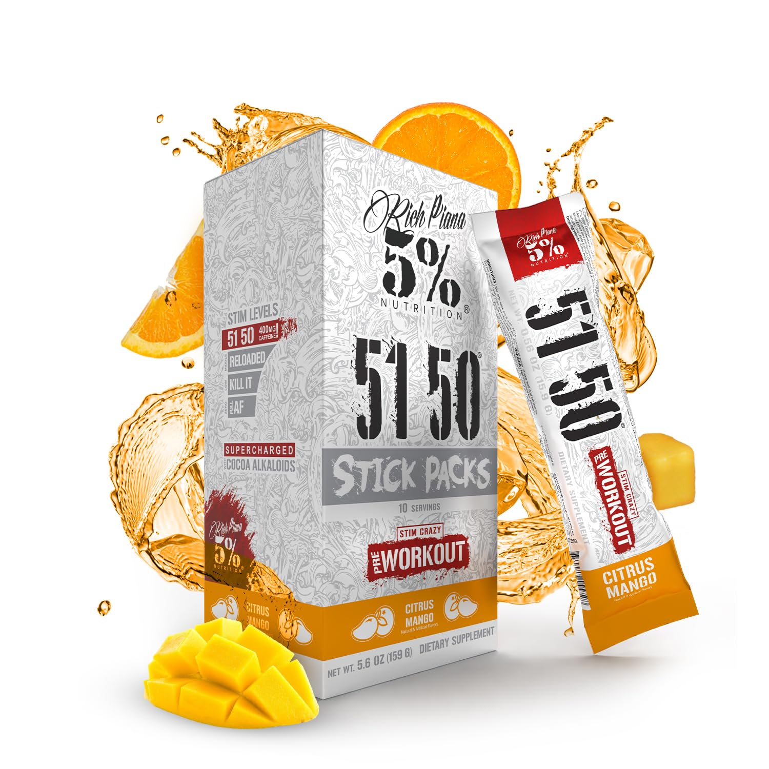 5% Nutrition Rich Piana 5150 packets label for high-stim pre-workout.