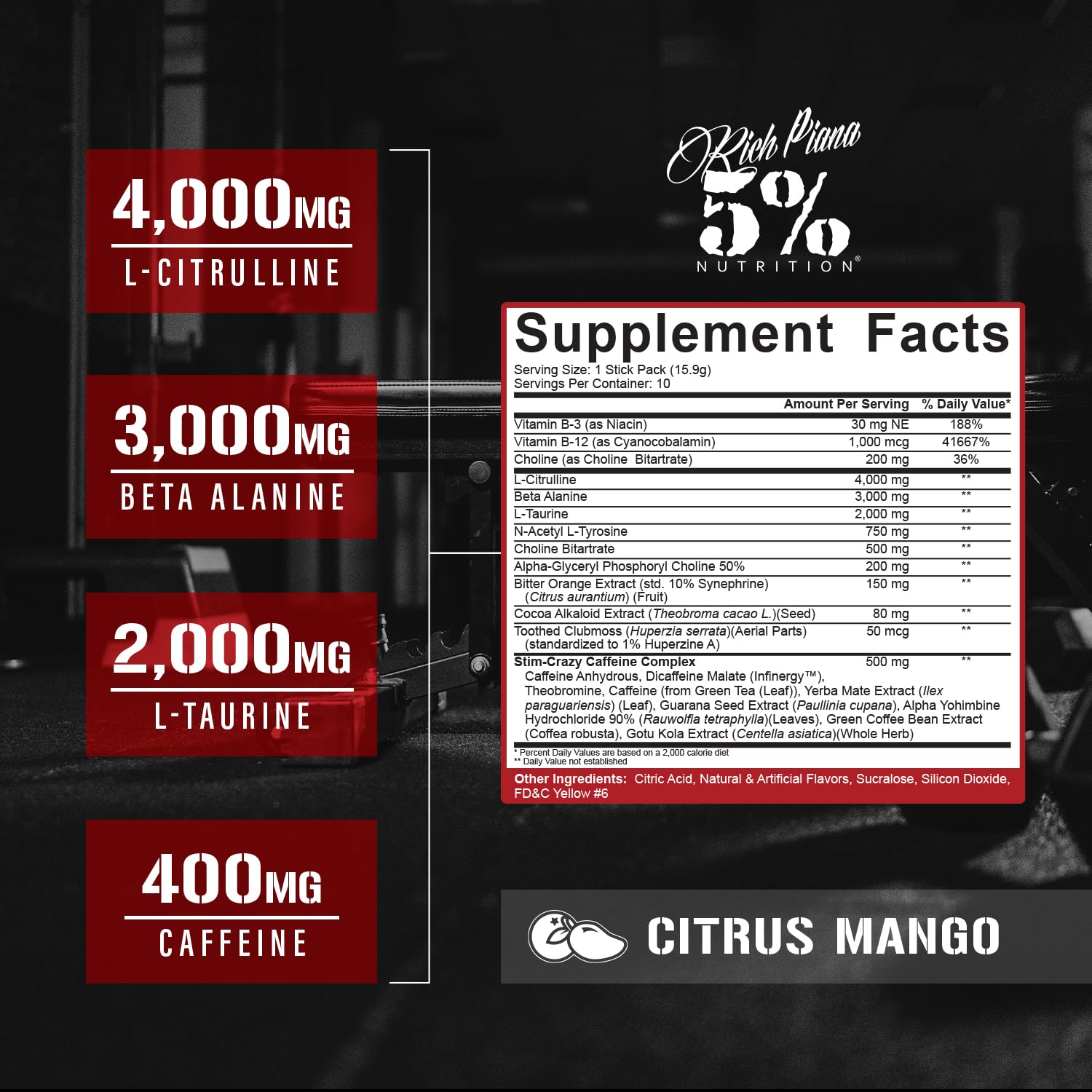 5% Nutrition Rich Piana 5150 packets beside packaging showing bold stimulant formula for intense workouts.