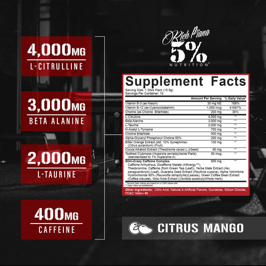 5% Nutrition Rich Piana 5150 packets beside packaging showing bold stimulant formula for intense workouts.