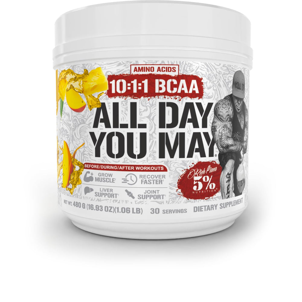 AllDayYouMay BCAA powder bottle from Five Percent Nutrition for daily recovery and hydration