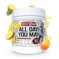 Mango Pineapple flavored AllDayYouMay BCAA serving in a glass