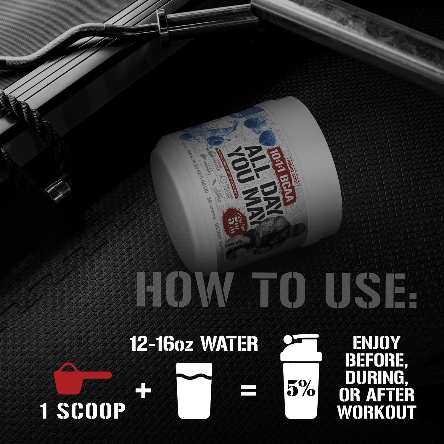 Shaker with AllDayYouMay BCAA powder being mixed for hydration and flavor