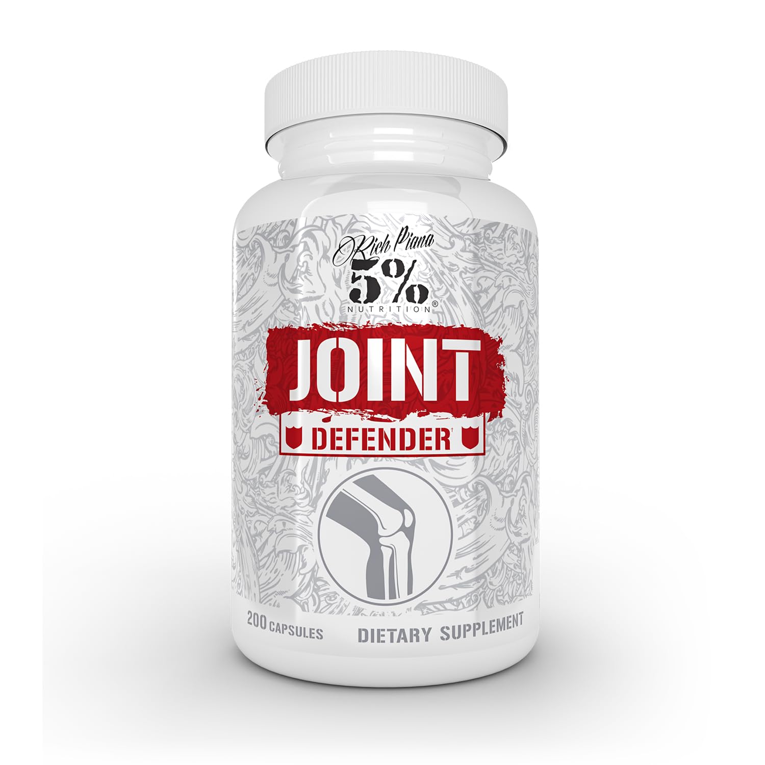 Five Percent Nutrition Rich Piana Joint Defender bottle front highlights potent joint support for active training.