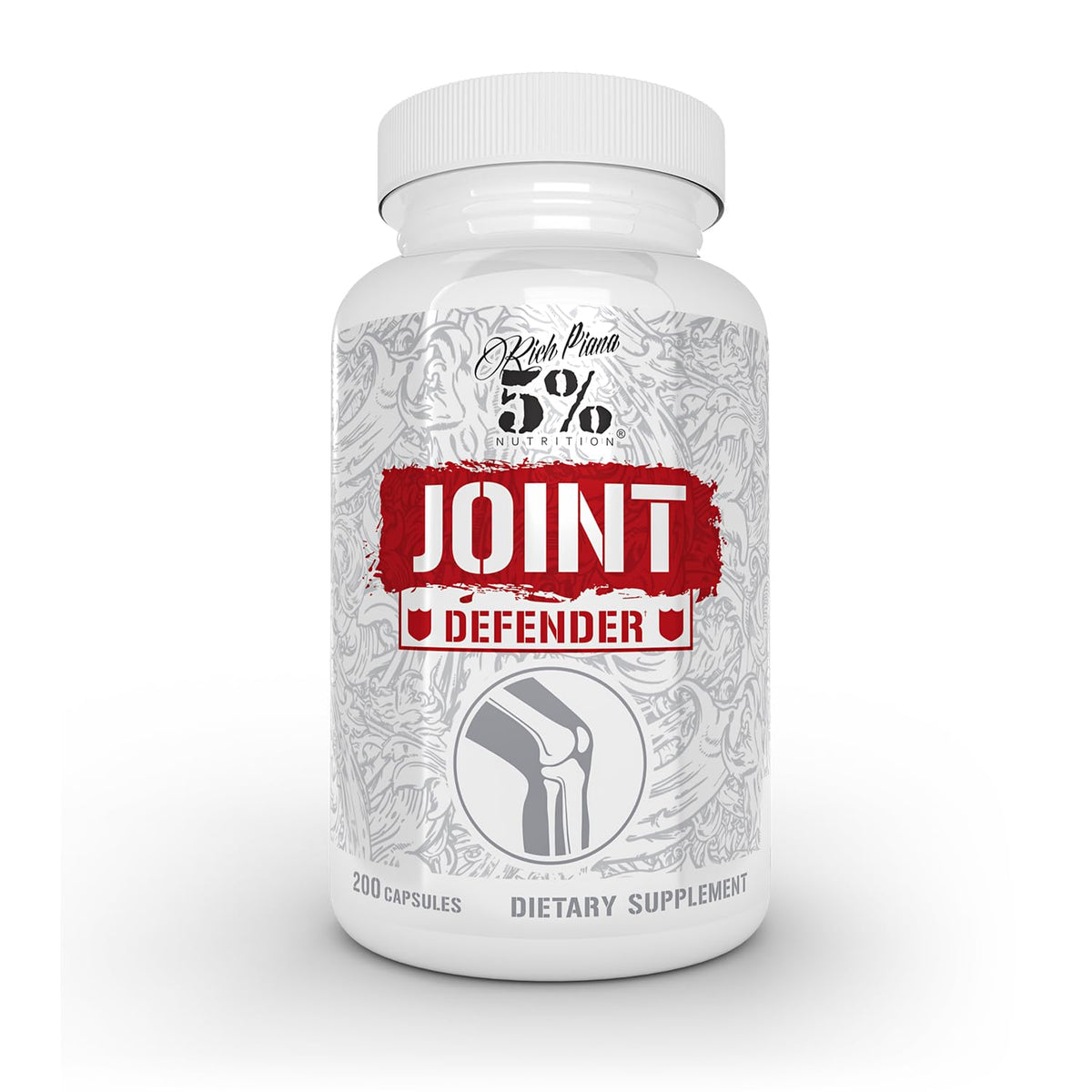 Five Percent Nutrition Rich Piana Joint Defender bottle front highlights potent joint support for active training.