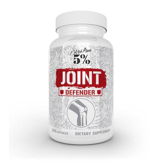 Five Percent Nutrition Rich Piana Joint Defender bottle front highlights potent joint support for active training.