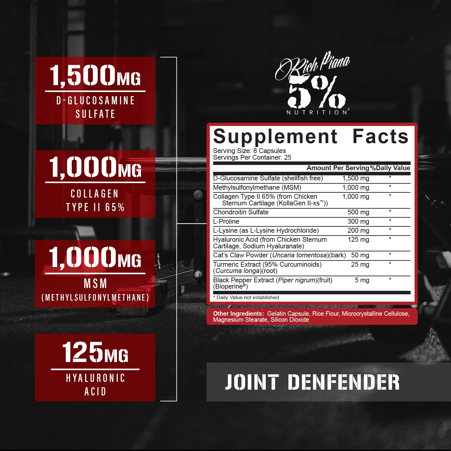 Rich Piana Joint Defender capsules closeup emphasizes convenient daily capsules for sustained mobility.