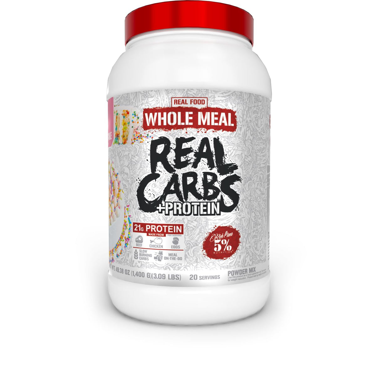 Five Percent Nutrition Rich Piana Real Carbs + Protein bottle pour for convenient meal shake.
