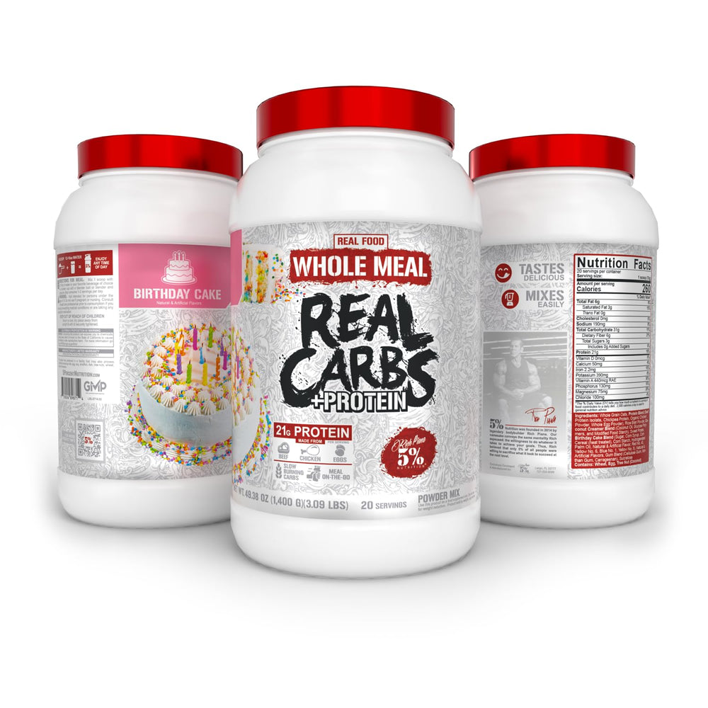Five Percent Nutrition Real Carbs + Protein mixing scoop for pre- or post-workout shake.