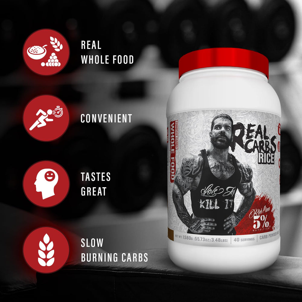 Five Percent Nutrition Real Carbs ingredients display with brown rice, oats, tapioca, cocoa