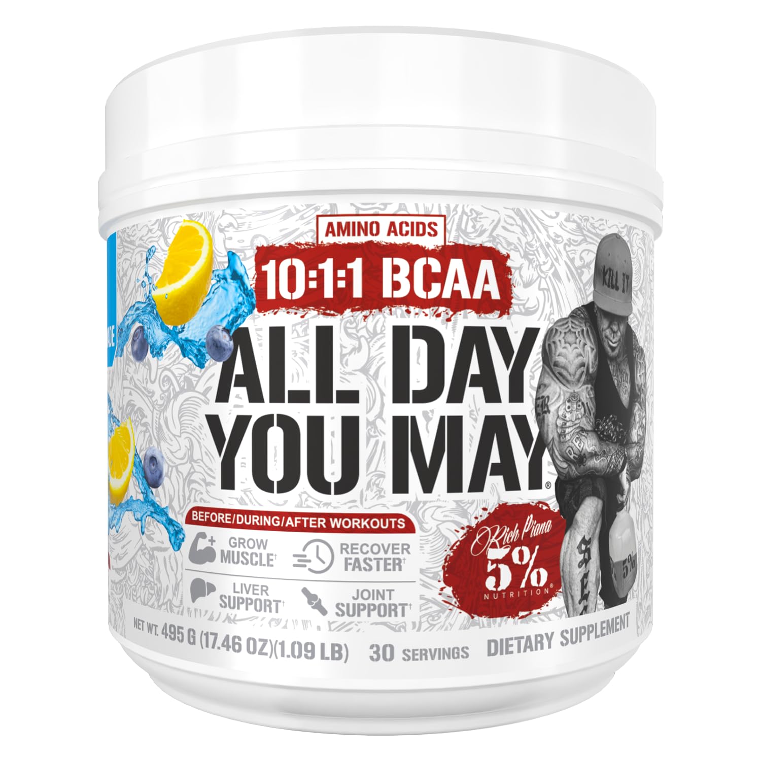 Five Percent Rich Piana AllDayYouMay BCAA bottle, blue lemonade flavor, supports daily recovery.