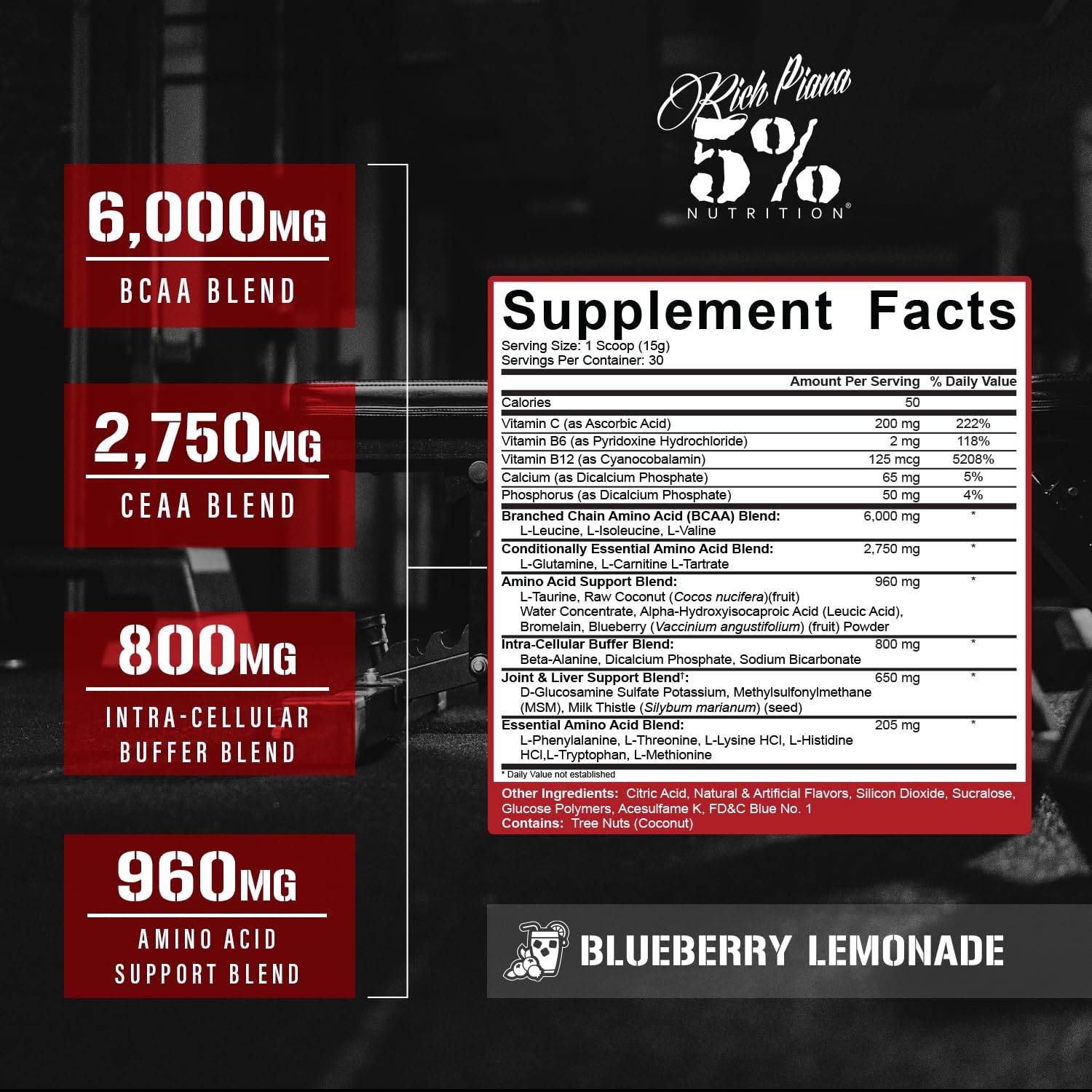 Five Percent Rich Piana AllDayYouMay powder scoop, blue lemonade, convenient intra-workout hydration.