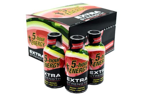 Five-hour Energy Watermelon extra strength bottle side view offers a quick pick-me-up.