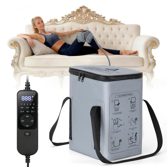 FiveOffo cold therapy knee machine display showing programmable settings for personalized relief.
