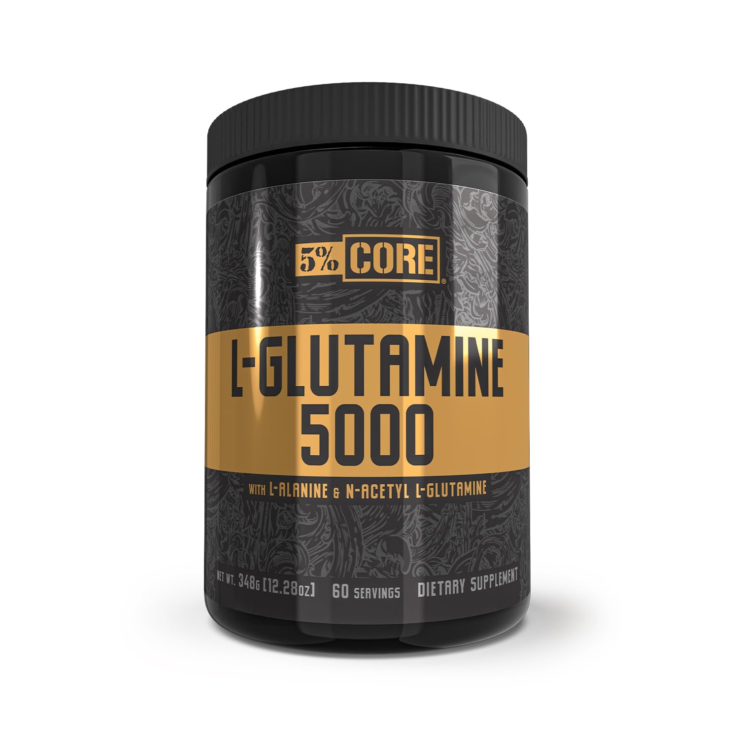 Five Percent Nutrition Core L-Glutamine bottle highlights immune and digestive support after training.