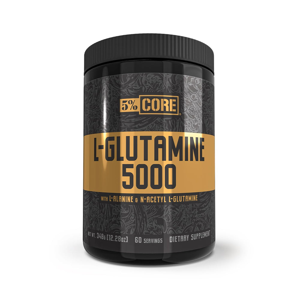 Five Percent Nutrition Core L-Glutamine bottle highlights immune and digestive support after training.
