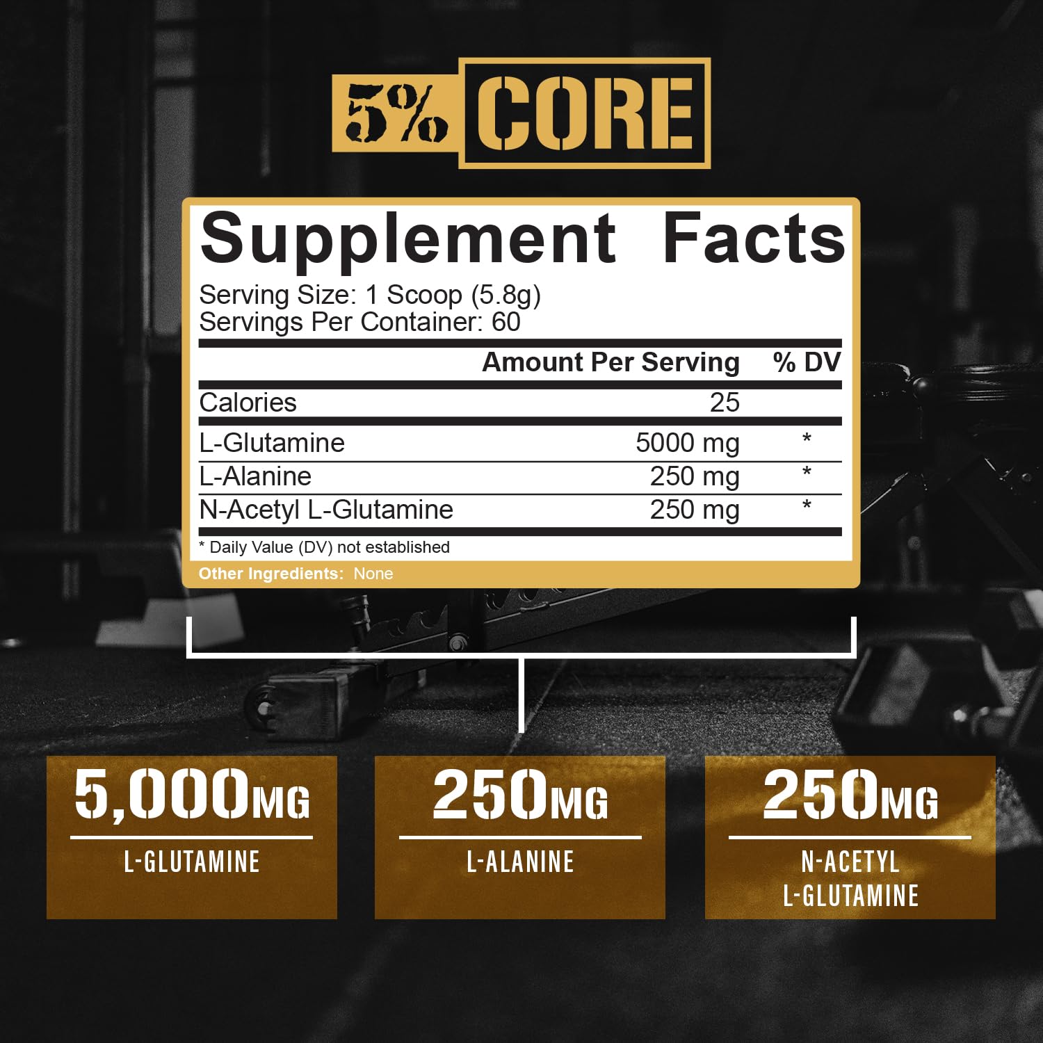 Five Percent Nutrition Core L-Glutamine label close-up shows unflavored formula and no artificial colors.