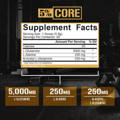 Five Percent Nutrition Core L-Glutamine label close-up shows unflavored formula and no artificial colors.