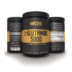 Five Percent Nutrition Core L-Glutamine pour demonstrates easy dosing and rapid uptake.