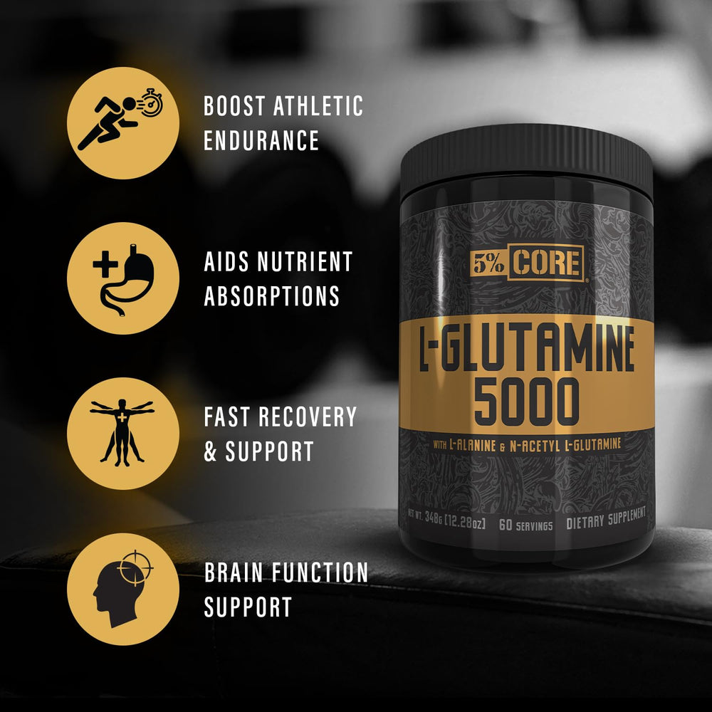 Five Percent Nutrition Core L-Glutamine workout scene suggests muscle recovery support.