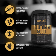 Five Percent Nutrition Core L-Glutamine workout scene suggests muscle recovery support.