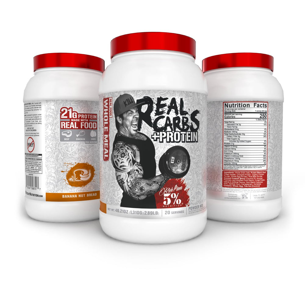 Shaker cup with Five Percent Nutrition Real Carbs + Protein for post-workout mix.
