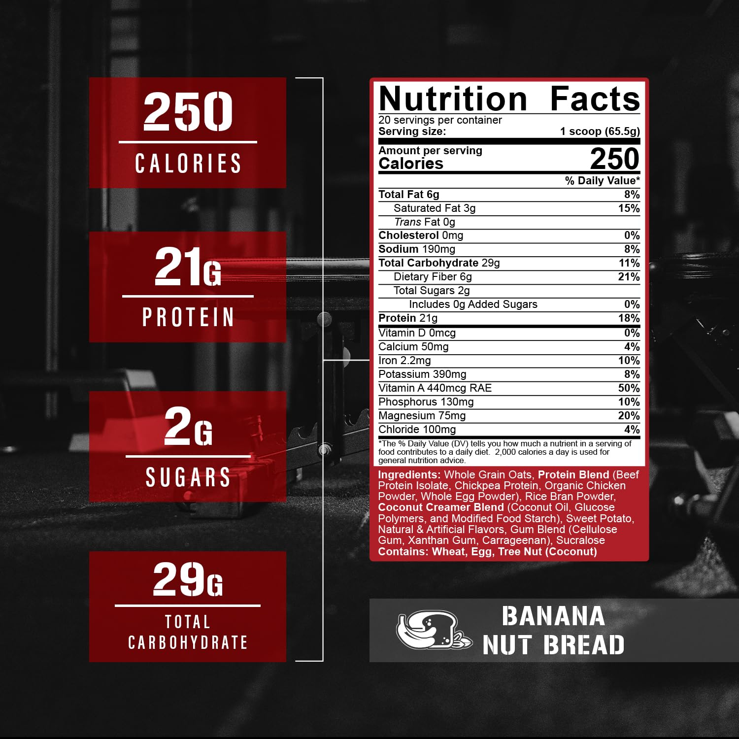 Powder scoop showing Real Carbs + Protein serving size and texture.