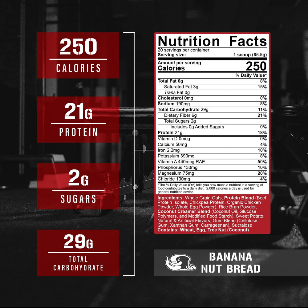 Powder scoop showing Real Carbs + Protein serving size and texture.