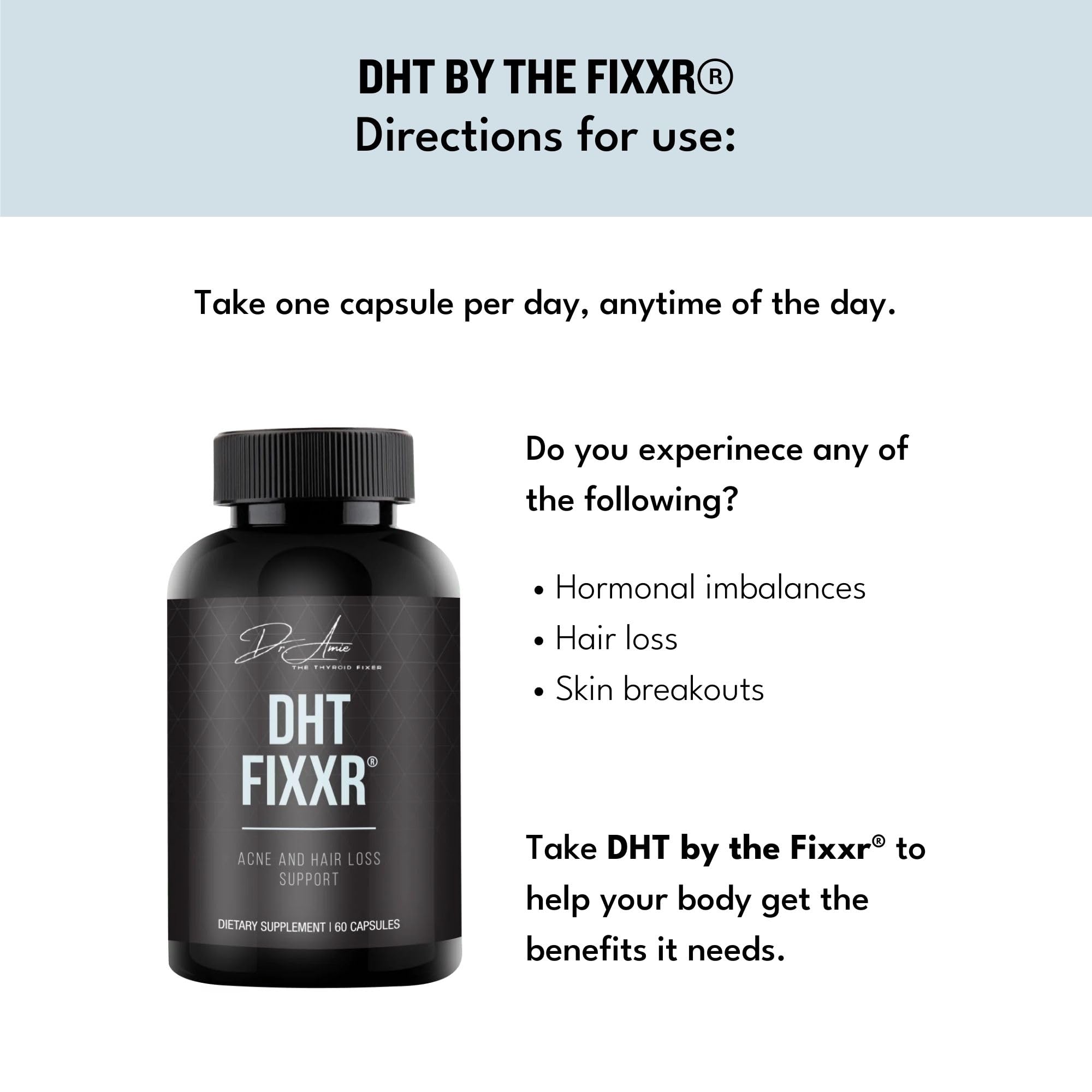 Fixxr DHT label closeup underlines clean, non-GMO formula made in the USA.