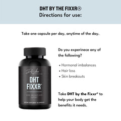 Fixxr DHT label closeup underlines clean, non-GMO formula made in the USA.