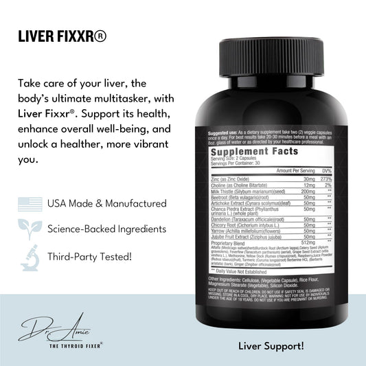 Fixxr Liver bottle back view with usage info for digestion support.
