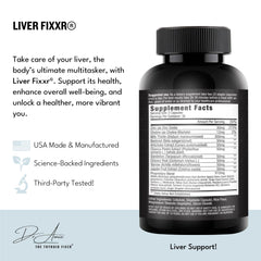 Fixxr Liver bottle back view with usage info for digestion support.