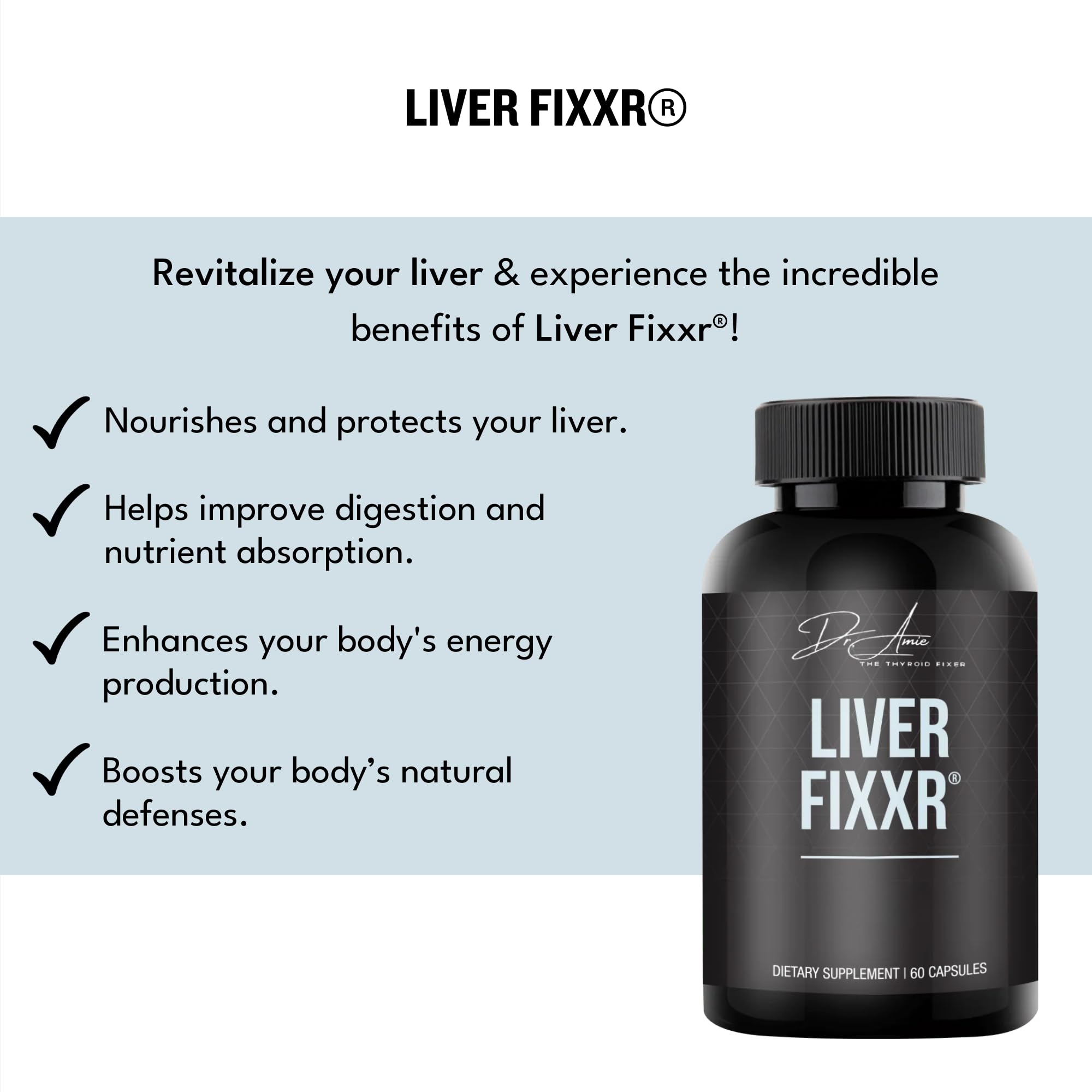 Fixxr Liver capsules close-up highlighting easy-to-swallow capsules for daily use.