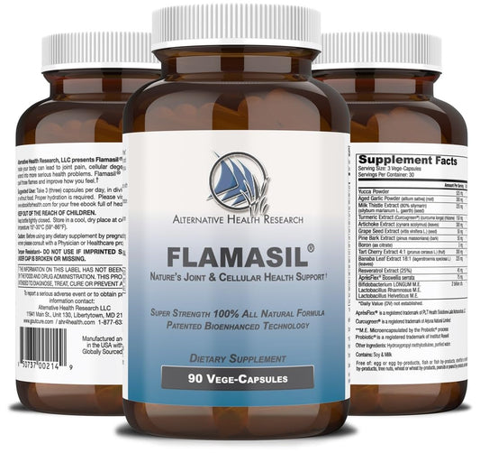 Flamasil capsules close-up showing bio-enhanced turmeric and botanicals