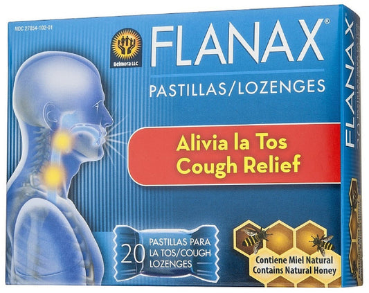 Flanax cough relief lozenges pack offering soothing throat support for everyday use.