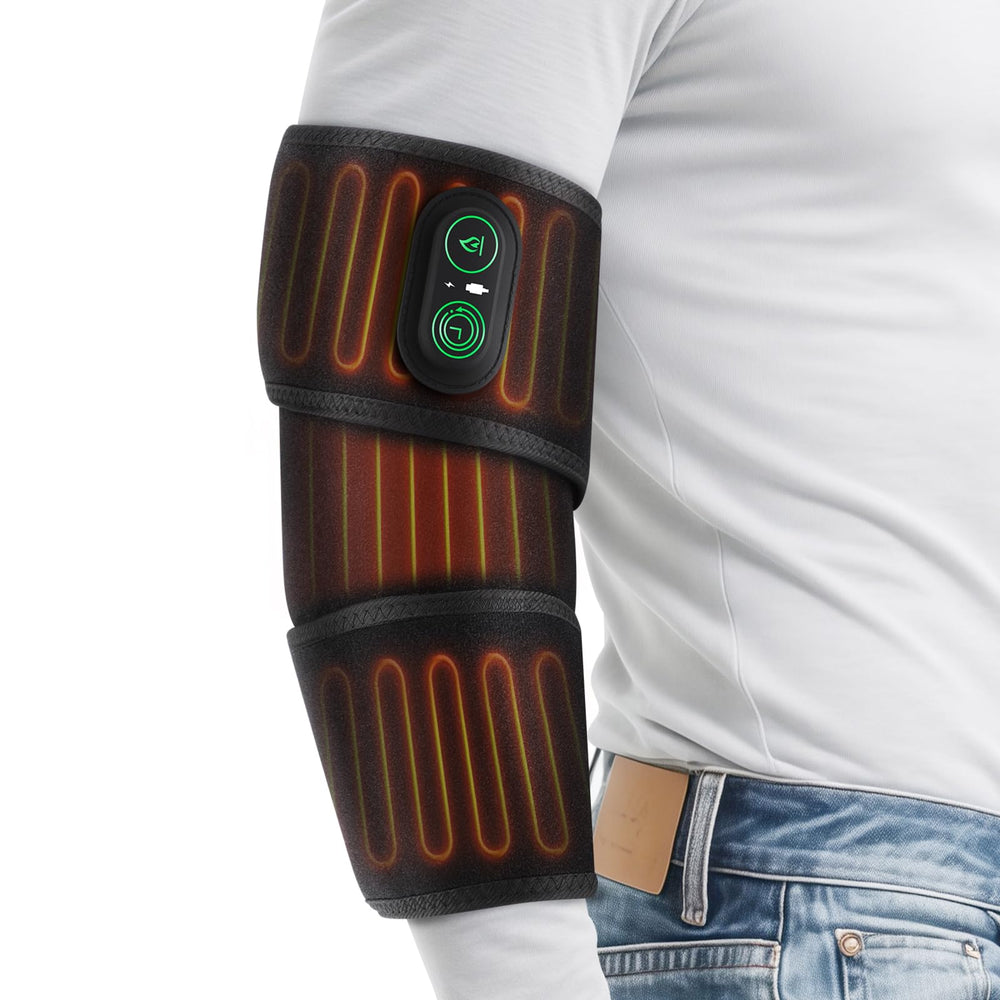 FlareMore cordless elbow heating pad on arm provides targeted warmth for joints.