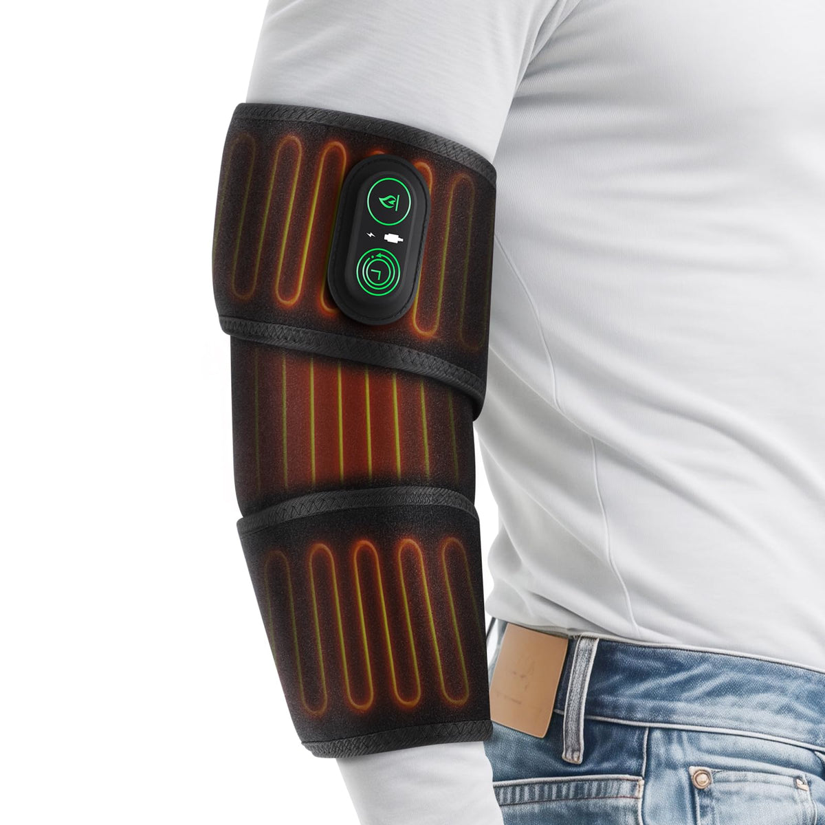 FlareMore cordless elbow heating pad on arm provides targeted warmth for joints.