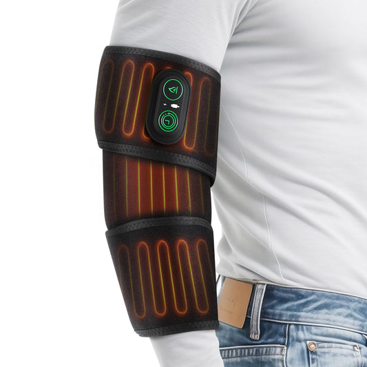 FlareMore cordless elbow heating pad on arm provides targeted warmth for joints.