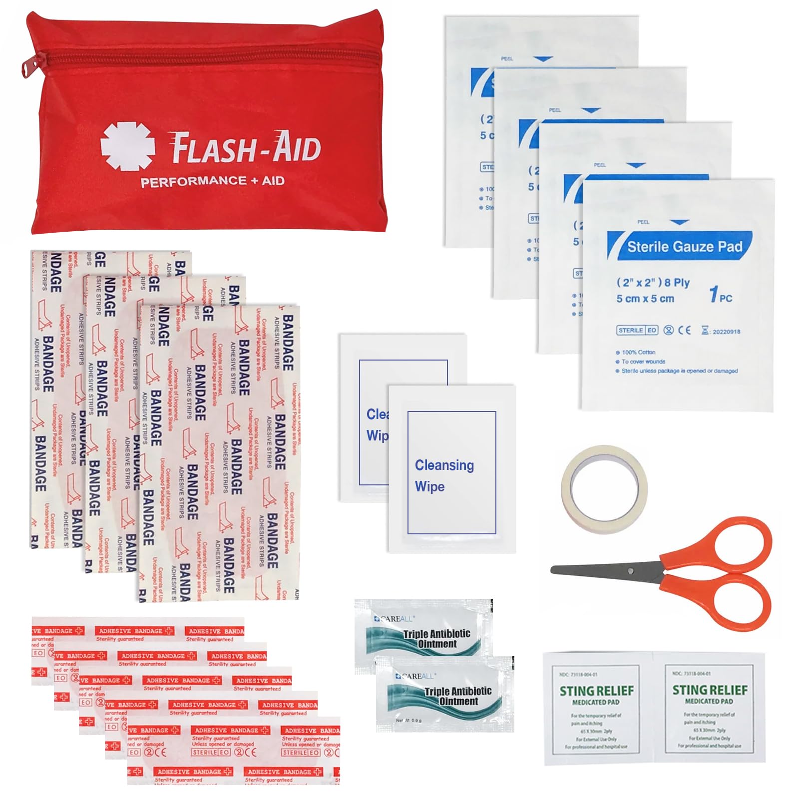 22-item kit with bandages, wipes, and scissors for minor care by Flash-Aid.