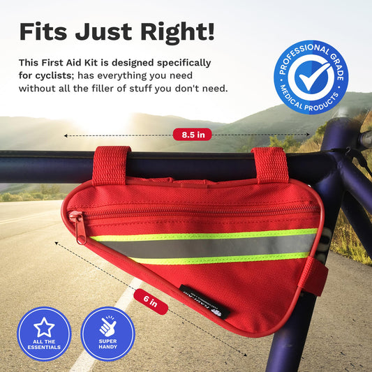 Flash-Aid bike-frame mount pouch keeps essentials reachable during long rides.
